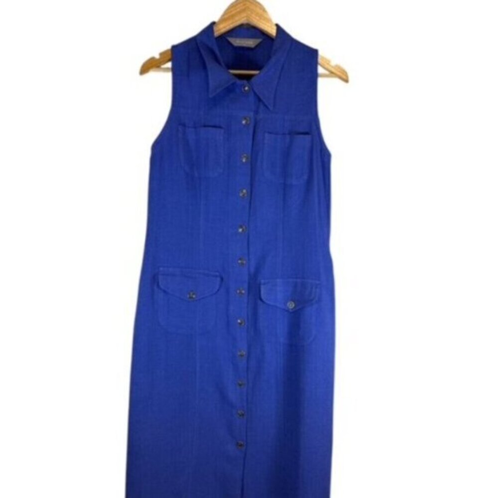 Truworths Linen Dress Sz‎ M Blue Long Maxi Coastal Travel Casual Pockets